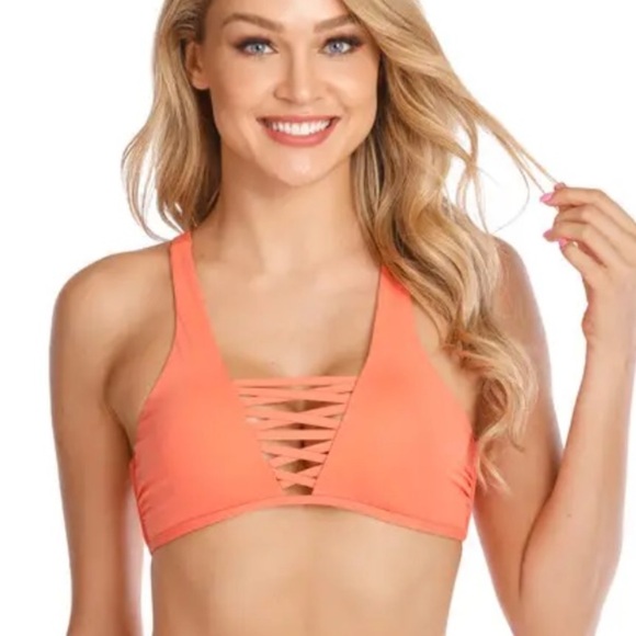 Bright Coral Lace-Up bikini top - Picture 1 of 5
